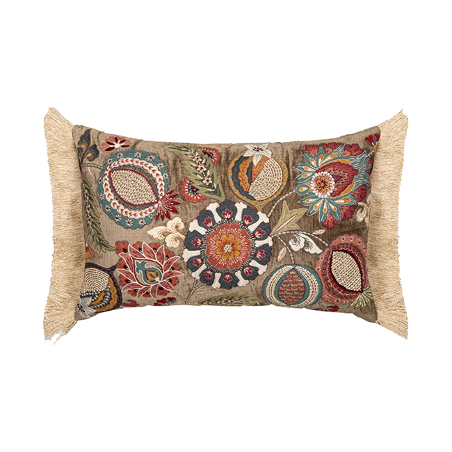 Botanical Pattern Fringed Lumbar Cushion